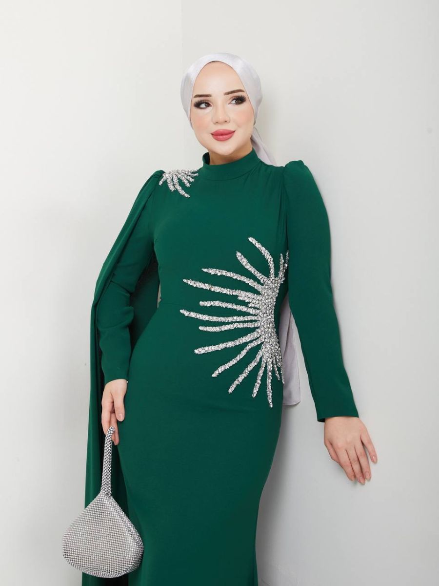 Yeşil 38-48 Beden Aralığı Soldan Desenli Abiye